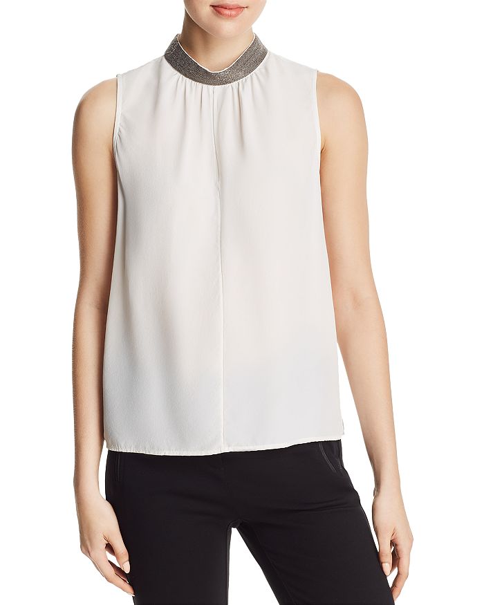 Go By Go Silk Embellished Mock Neck Shell In White