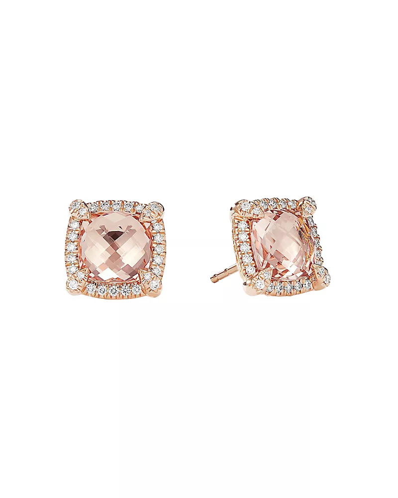 David Yurman Chatelaine Pave Bezel Stud Earrings in 18K Rose Gold with Morganite