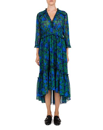 The Kooples Winter Night Pleated Ruffled Floral Silk Midi Dress