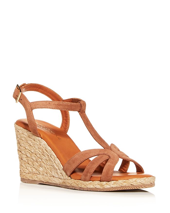 Andre Assous Women's Madina T-strap Wedge Sandals In Cognac Suede