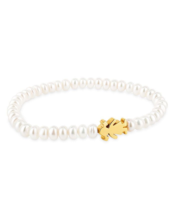 Tous 18k Yellow Gold Sweet Dolls Cultured Freshwater Pearl Girl Stretch Bracelet In Gold/white