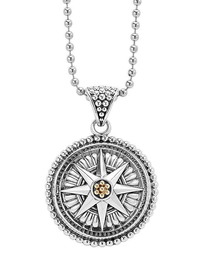 Shop Lagos 18k Gold And Sterling Silver Signature Caviar Compass Pendant Ball Chain Necklace, 34 In Silver/gold