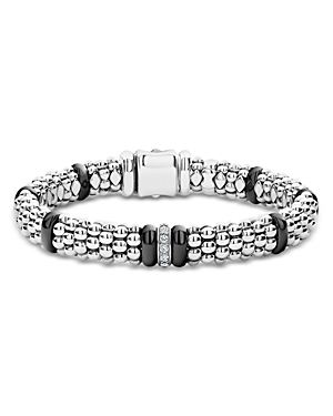 Shop Lagos Sterling Silver & Black Ceramic Black Caviar Diamond Link Bracelet In Black/silver