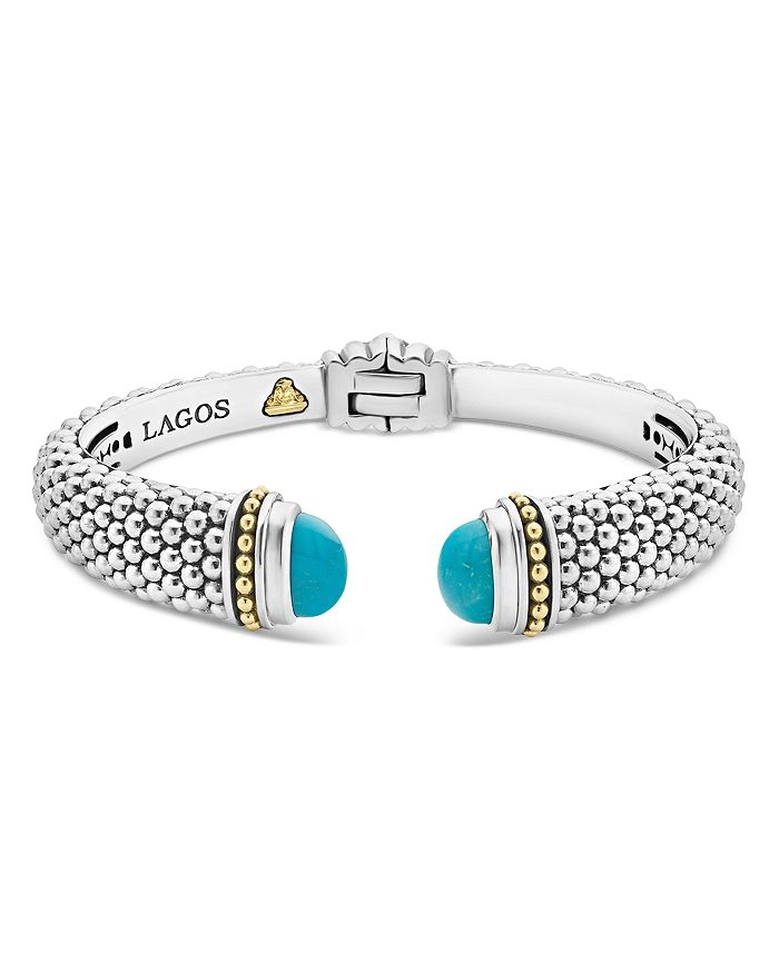LAGOS 18K YELLOW GOLD & STERLING SILVER CAVIAR COLOR CUFF WITH TURQUOISE,05-81188-TS