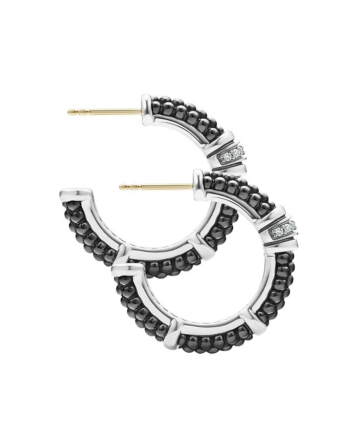 Shop Lagos Sterling Silver & Ceramic Black Caviar Hoop Earrings With Diamonds In Black/silver