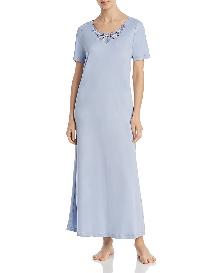 Hanro Aurelia Short-sleeve Long Nightgown With 3d Floral Lace Detail In Dreamy Blue
