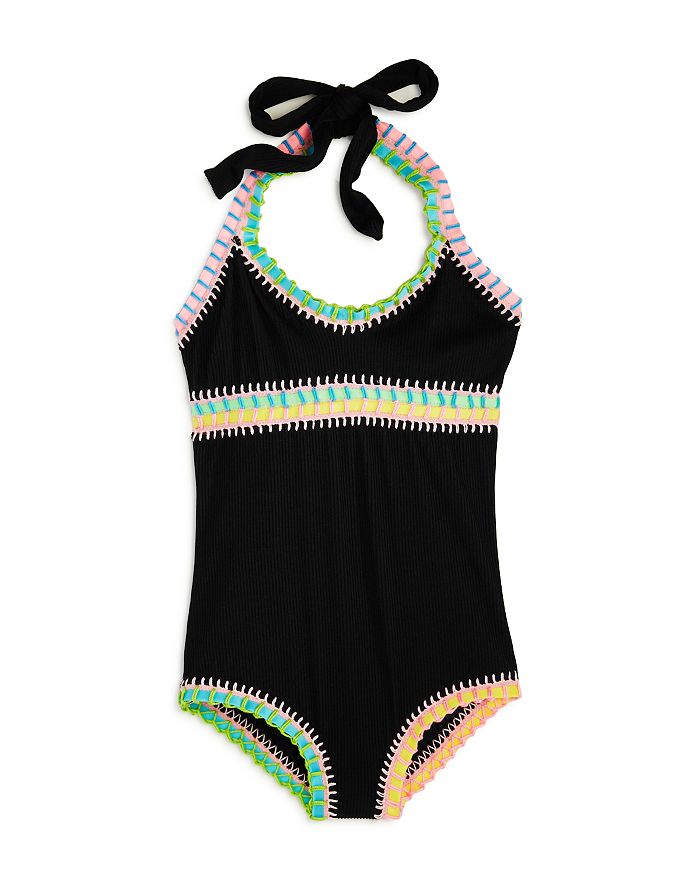 Platinum Inspired By Solange Ferrarini Girls' Rainbow Embroidered Ribbed One-piece Swimsuit, Little  In Black