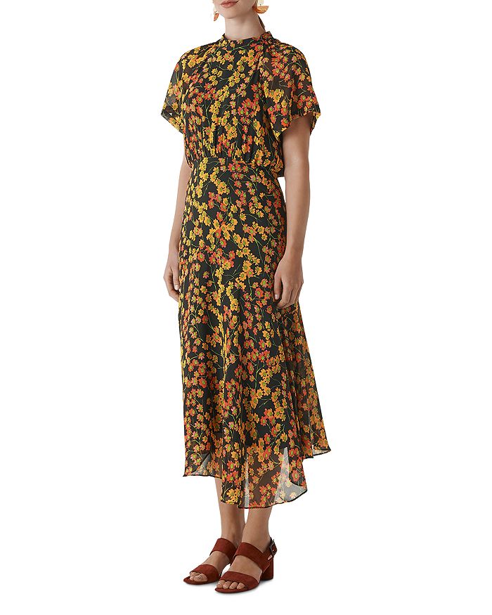 midi dress sleeves Black Floral Jacquard Midi Dress - Short Sleeve Dresses