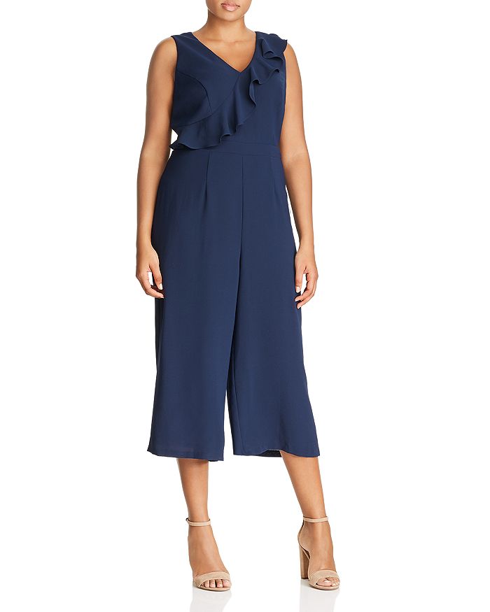 Adrianna Papell Plus Sleeveless Ruffle Trim Cropped Jumpsuit In Blue Moon