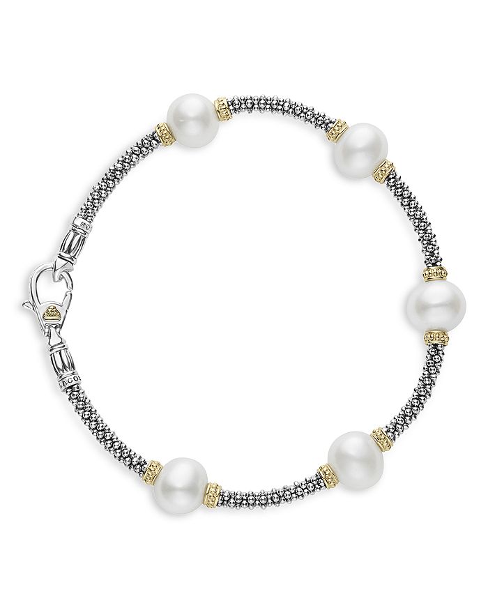 LAGOS STERLING SILVER & 18K YELLOW GOLD LUNA CULTURED FRESHWATER PEARL STATION BRACELET,05-81169-M6.5