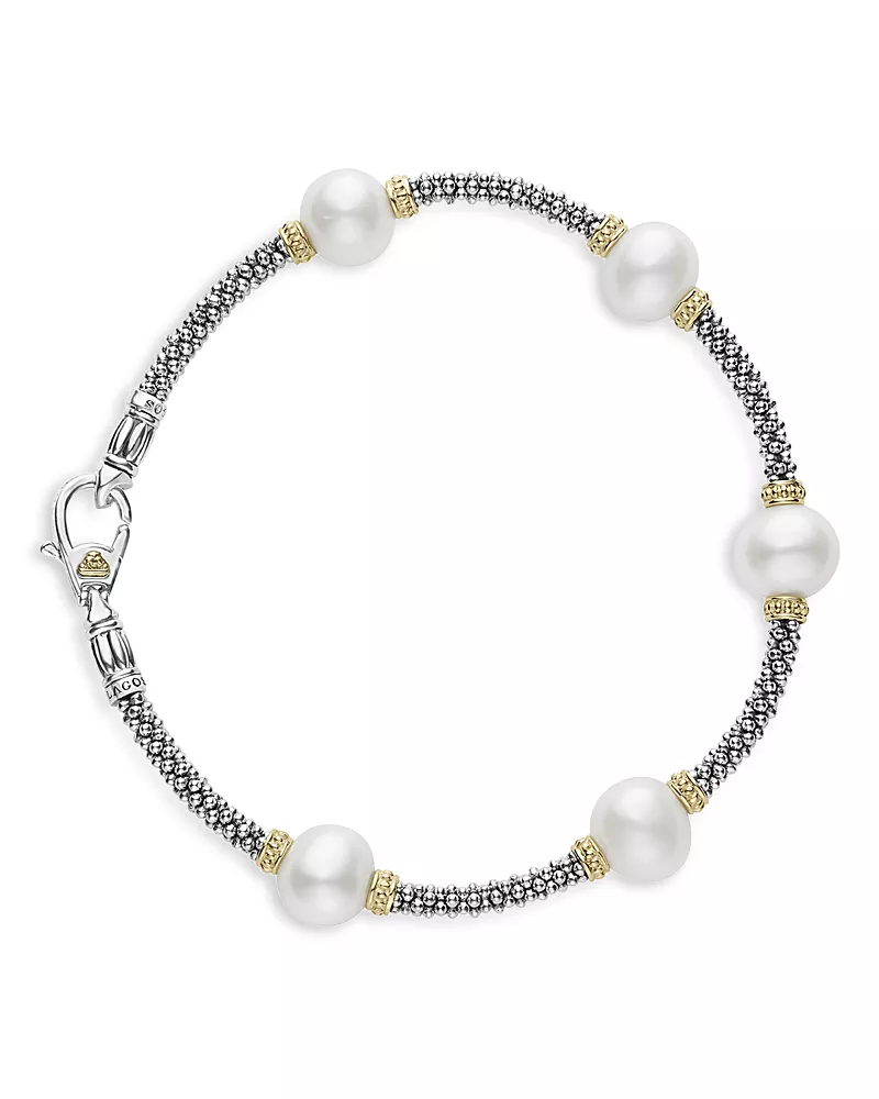 Lagos Sterling Silver & 18K Yellow Gold Luna Cultured Freshwater Pearl Station Bracelet