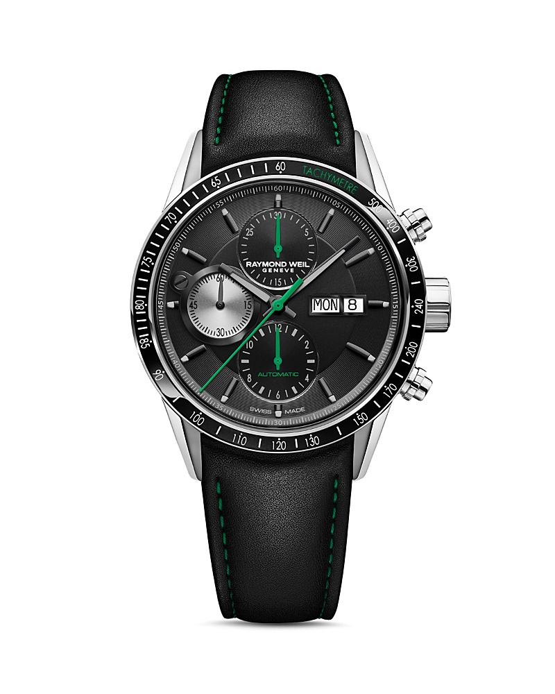 Raymond Weil Men's Swiss Automatic Chronograph Freelancer Black Leather Strap Watch 42mm In Black/black