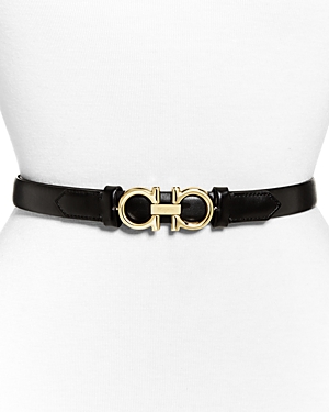 Shop Ferragamo Salvatore  Women's Gancini Slim Leather Belt In Black/gold