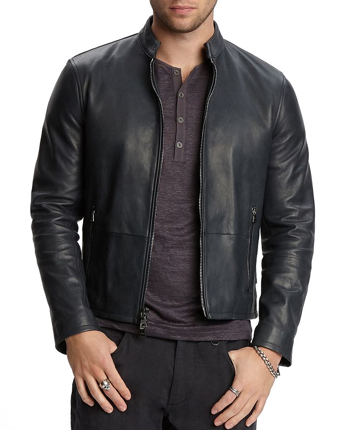 John Varvatos Zip-front Leather Jacket In Navy
