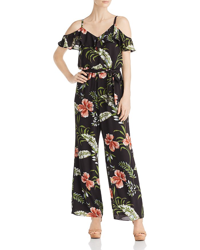 Adrianna Papell Cold-shoulder Tropical-print Jumpsuit In Plum Multi