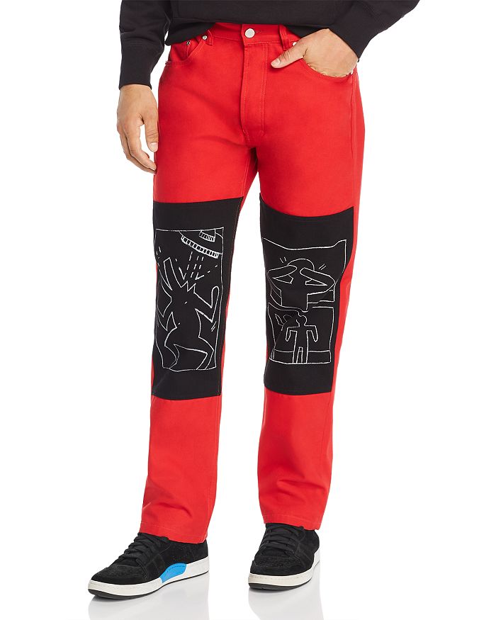 ETUDES STUDIO X KEITH HARING PATCH TRIMMED BOOTCUT JEANS IN RED/BLACK,80056918E15001KH