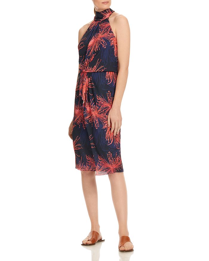 Halston Heritage Floral Mock neck Dress In Dark Navy Chrysanthemum Print ModeSens
