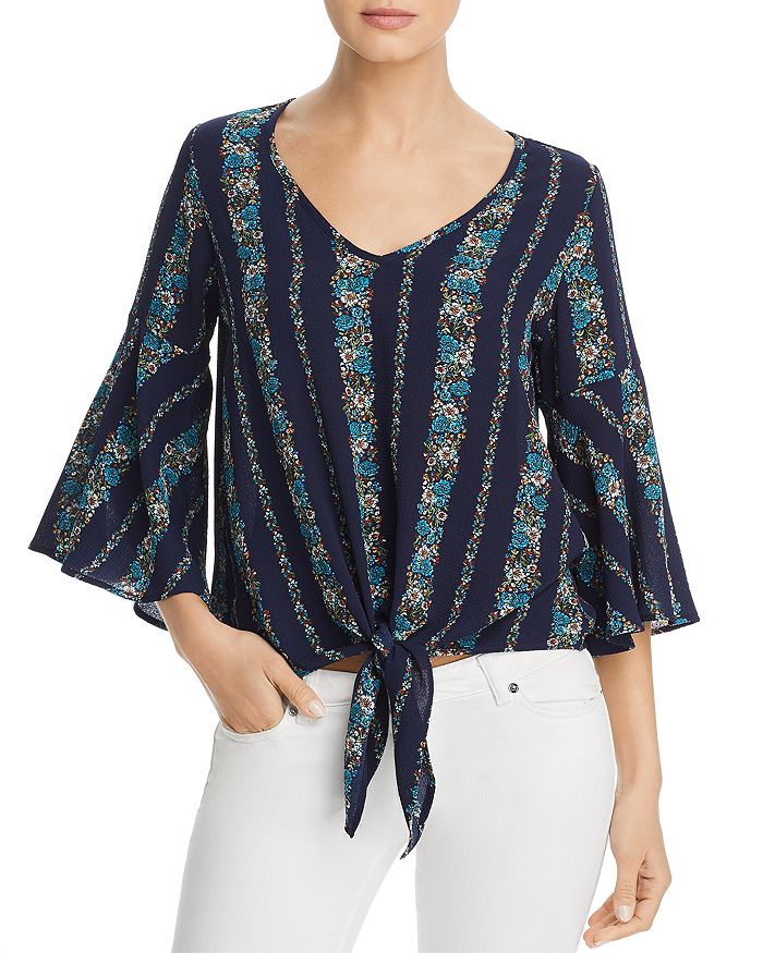 Status By Chenault Bell-sleeve Striped Floral Top In Navy/blue | ModeSens