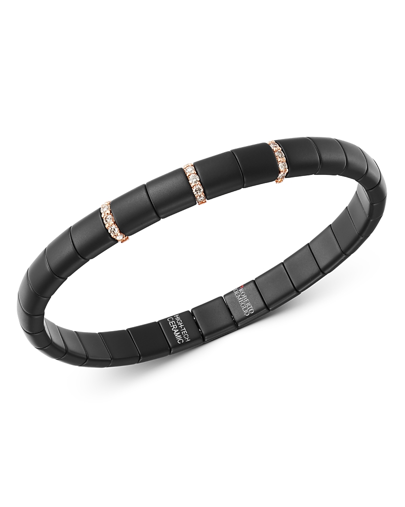 Roberto Demeglio Pura 18k Rose Gold Black Matte Ceramic With Champagne Diamonds Stretch Bracelet In Champagne/black