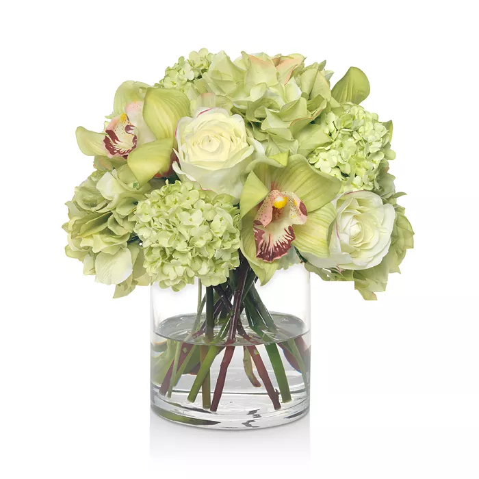 Hydrangea & Orchid Faux Floral Arrangement in Glass Cylinder