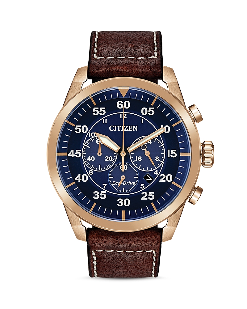 Citizen Eco-drive Men's Chronograph Avion Brown Leather Strap Watch 48mm In Blue/brown