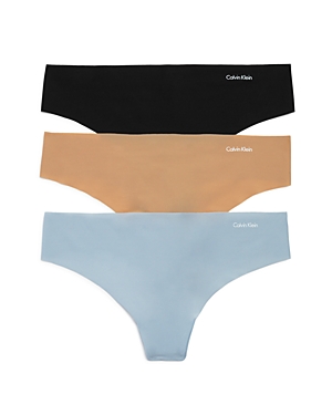 Calvin Klein Invisibles Thongs, Set Of 3 In Black/bare/aimless