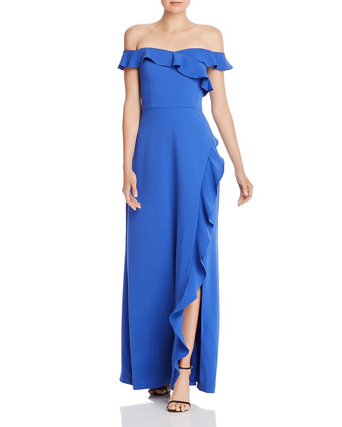 BCBGMAXAZRIA EVE RUFFLED OFF-THE-SHOULDER GOWN,WHLOLM6218414