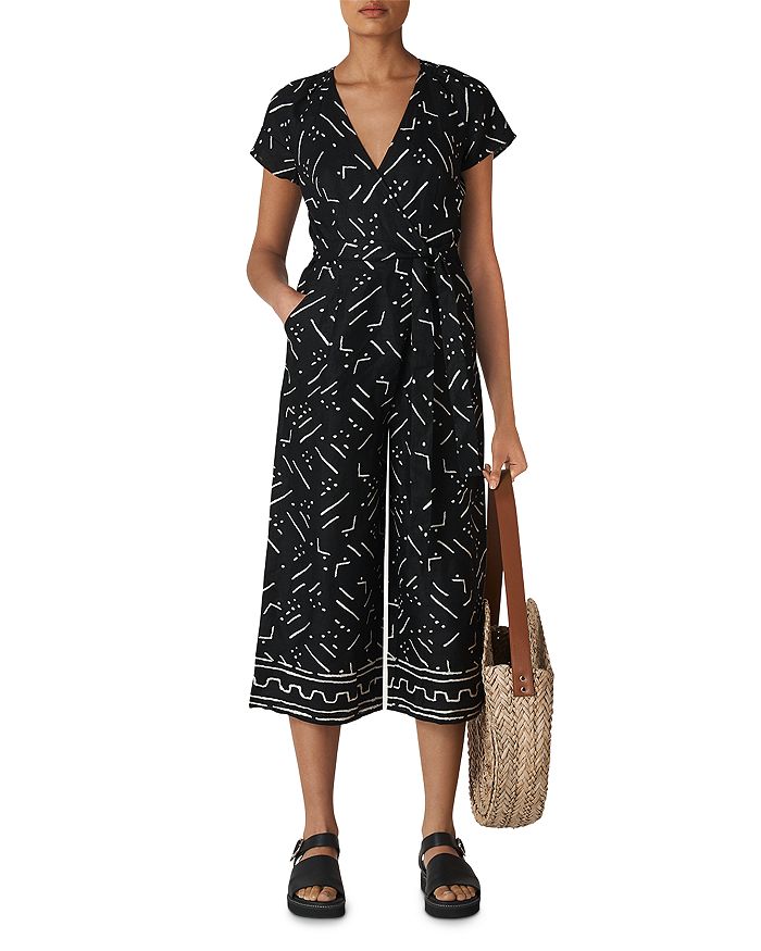 Whistles Kuba Printed Linen Jumpsuit In Black And White