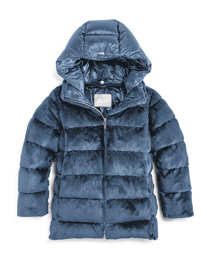 Herno Girls' Faux Fur Puffer Jacket - Little Kid In Light Blue