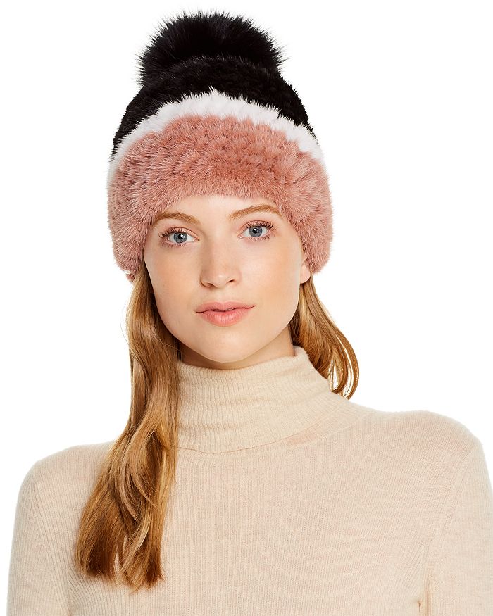 Maximilian Furs Mink Fur Knit Hat With Fox Fur Pom-pom - 100% Exclusive In Pink/white/black