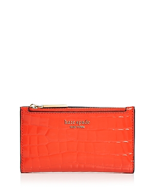 Kate Spade New York Sylvia Croc-embossed Small Slim Bifold Wallet In Orange/gold