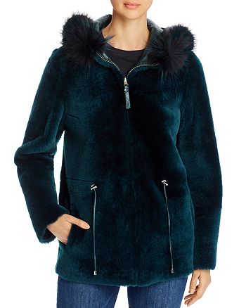 Maximilian Furs Reversible Lamb Shearling & Fox Fur Trim Hooded Jacket ...