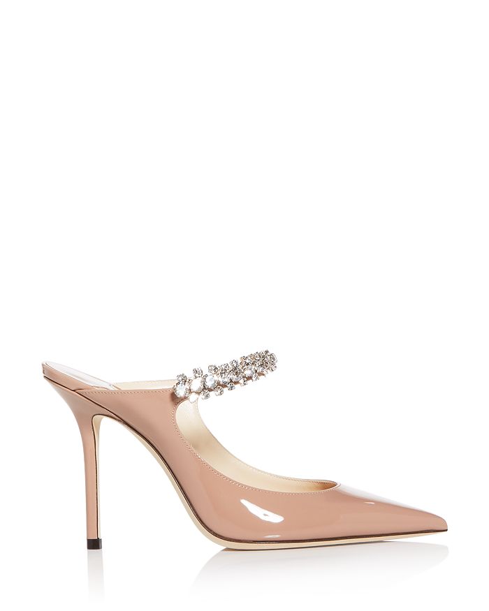 Jimmy Choo Bing 100 Ballet Pink Patent Leather Mules With Crystal Strap ...