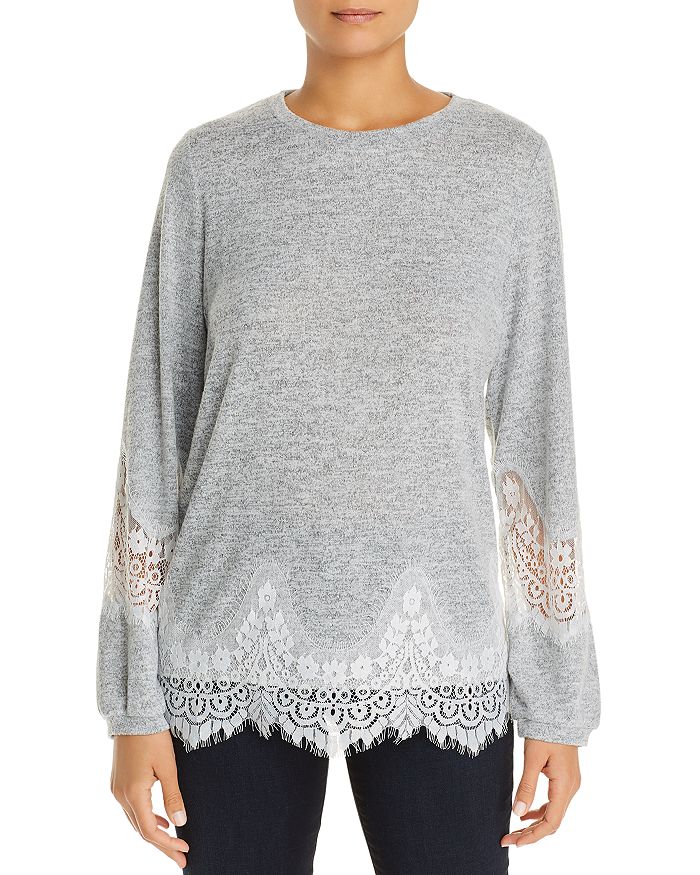 Alison Andrews Lace-trim Top In Light Gray Heather