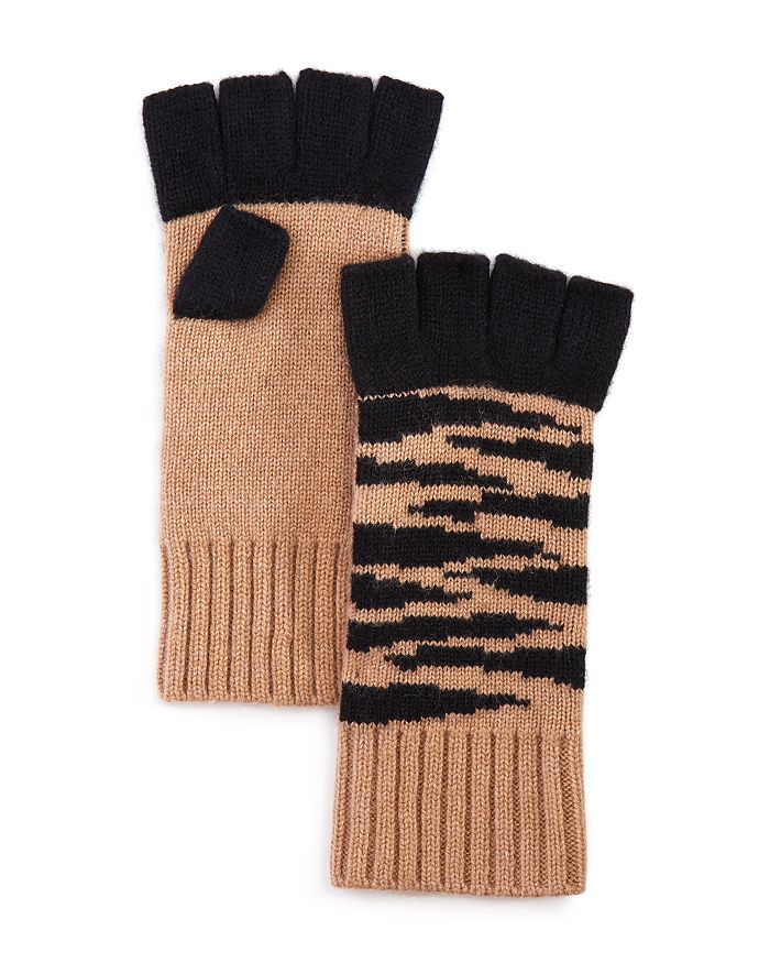 Aqua Cashmere Tiger Fingerless Gloves - 100% Exclusive In Camel/black