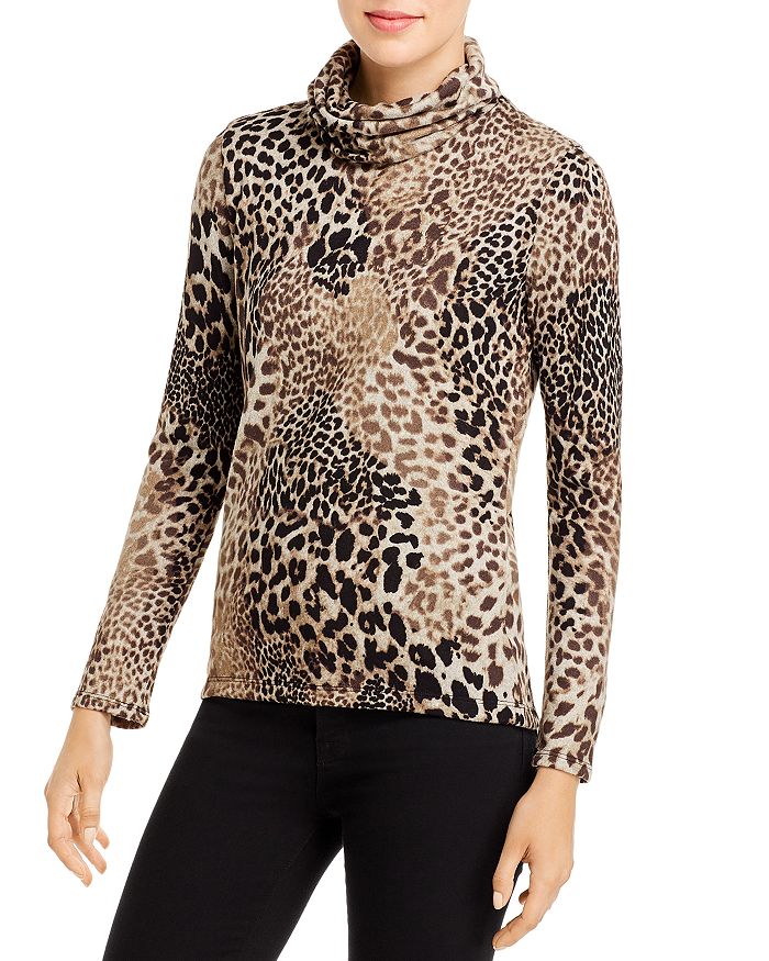 Elan Leopard Cowl Neck Sweater In Leopard Khaki