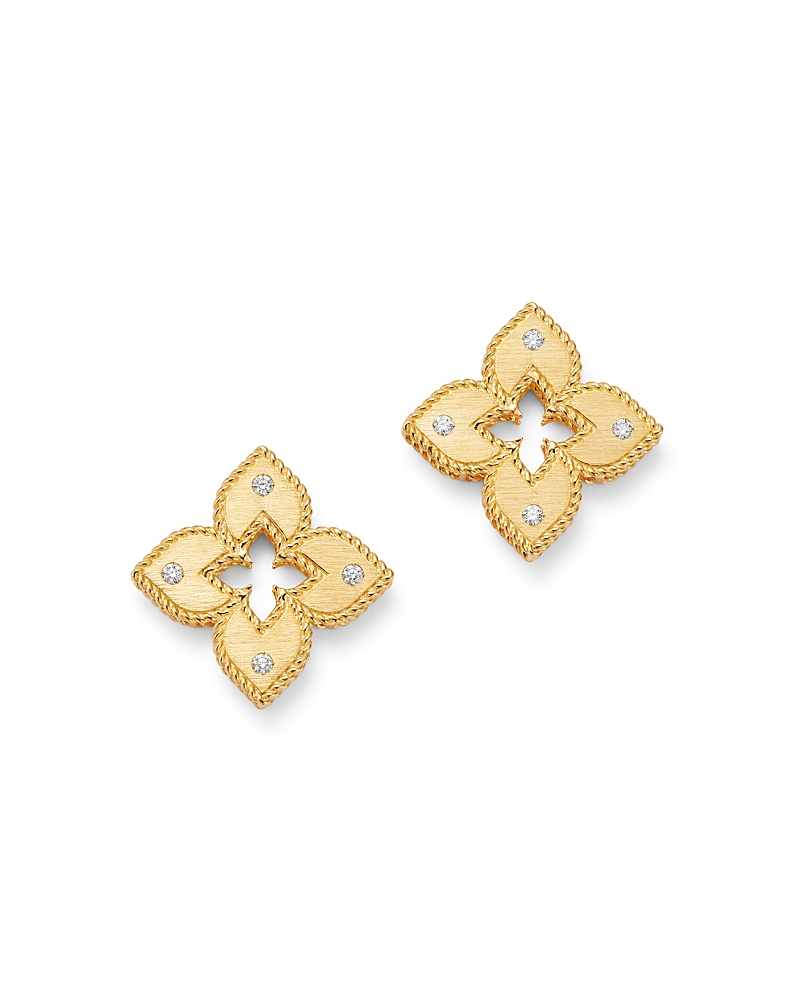 Roberto Coin 18k Yellow Gold Petite Venetian Princess Diamond Quatrefoil Stud Earrings In White/gold