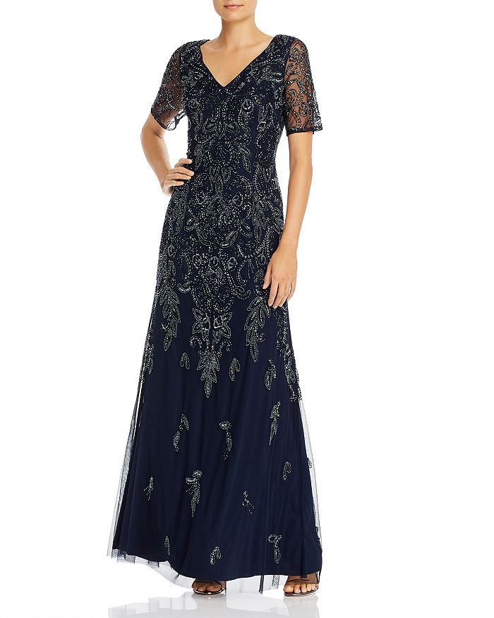 Adrianna Papell Short-sleeve Beaded Gown In Midnight