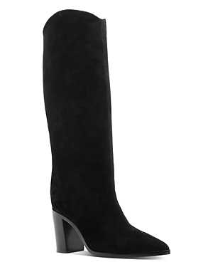 Schutz Women's Analeah Croc-embossed Pointed-toe Tall Boots In Black Suede