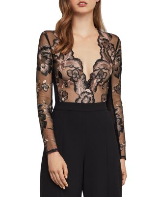 off shoulder embroidered mesh panel jumpsuit