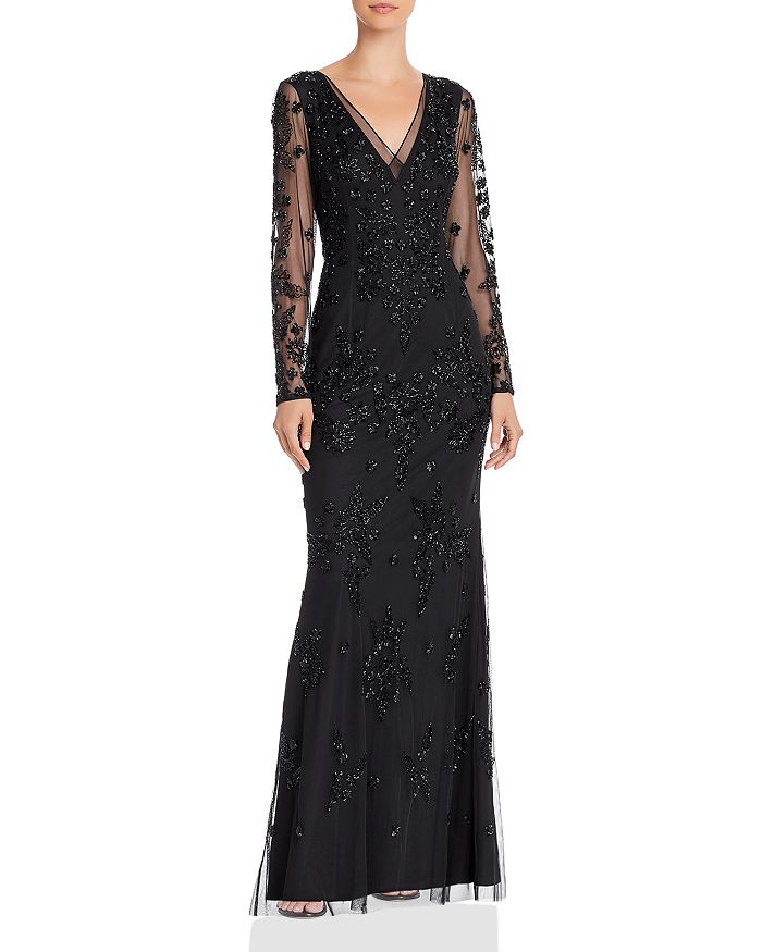 Adrianna Papell Long Sleeve Beaded Gown In Black