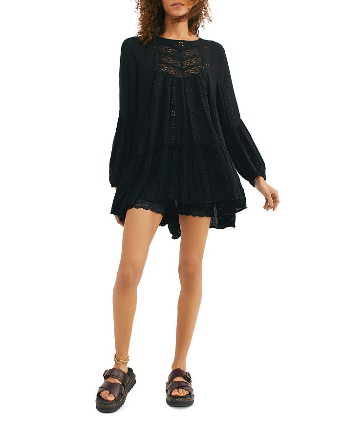 Free People Kiss Kiss Lace Inset Tunic In Black