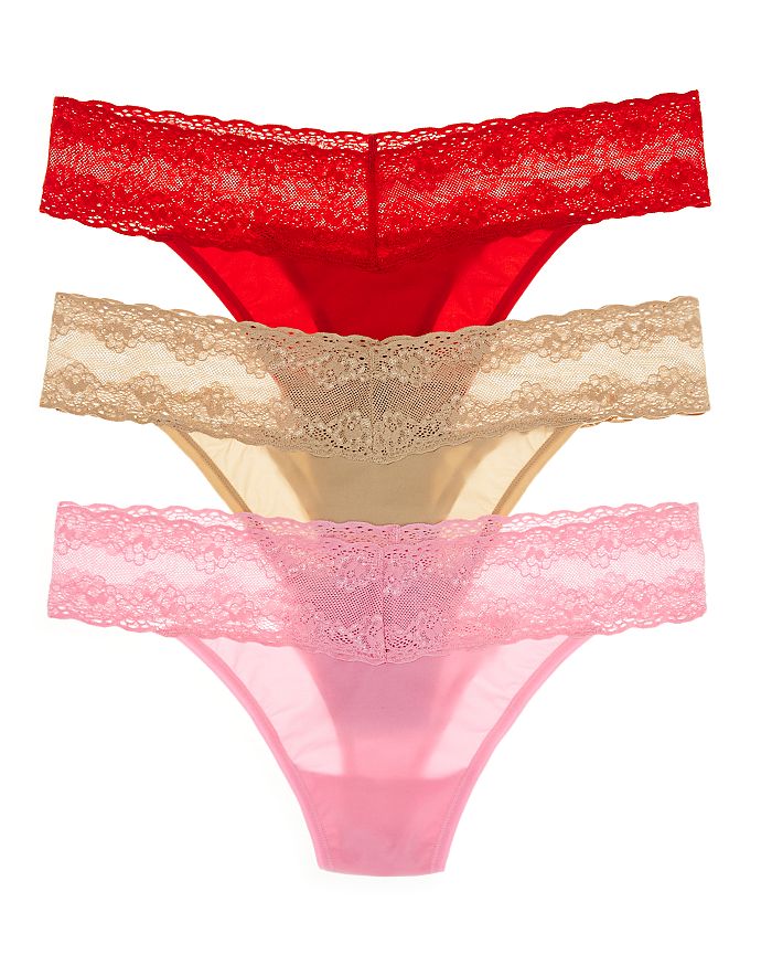 Natori Bliss Perfection Thongs, Set Of 3 In Crimson/posy Pink/cafe
