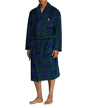Shop Polo Ralph Lauren Plush Shawl Collar Robe In Blue Green Plaid