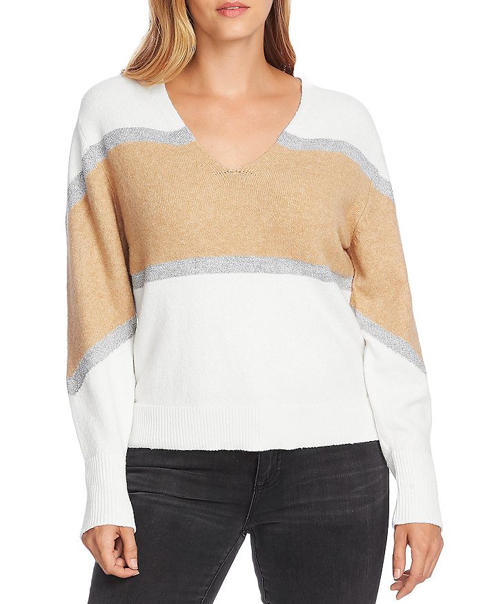VINCE CAMUTO Striped Bubble-Sleeve Sweater | Bloomingdale's