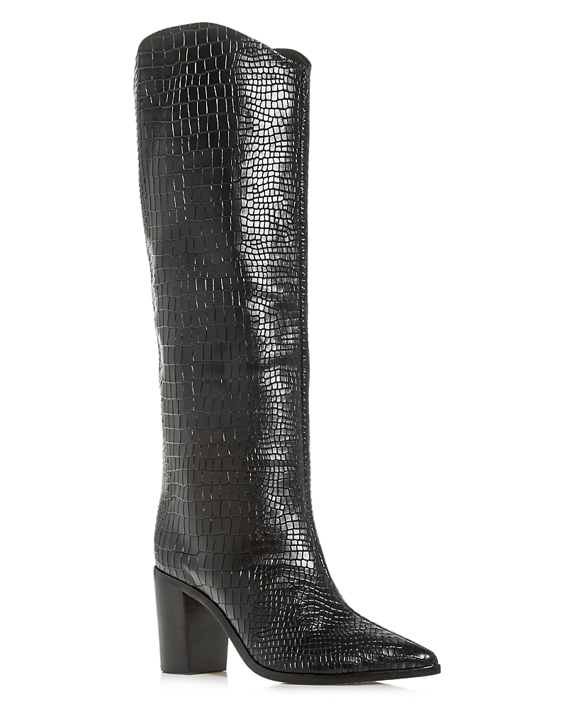 Schutz Women's Maryana Croc-embossed Block Heel Pointed-toe Tall Boots In Black