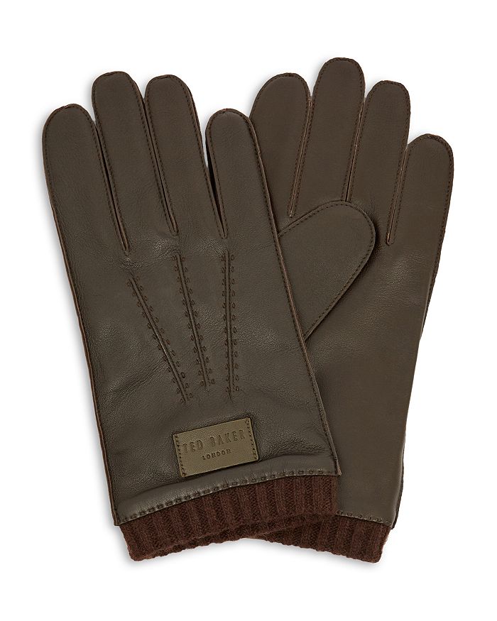 Ted Baker Blokey Knit-cuff Leather Gloves In Chocolate