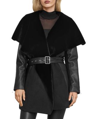 Bcbgmaxazria Draped Leather Faux Shearling Jacket In Black