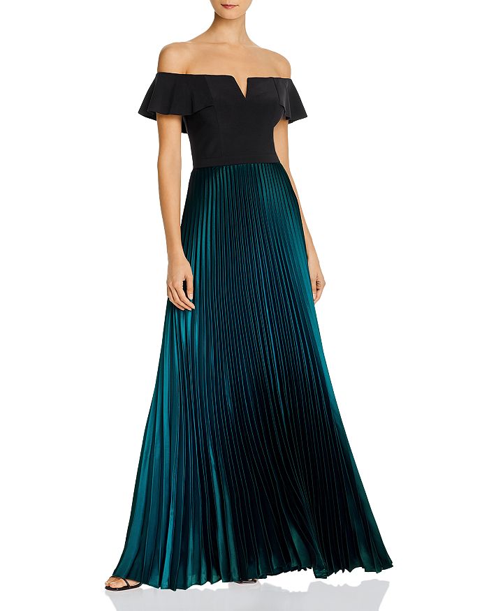 Aqua Off-the-shoulder Pleated Gown - 100% Exclusive In Black/teal
