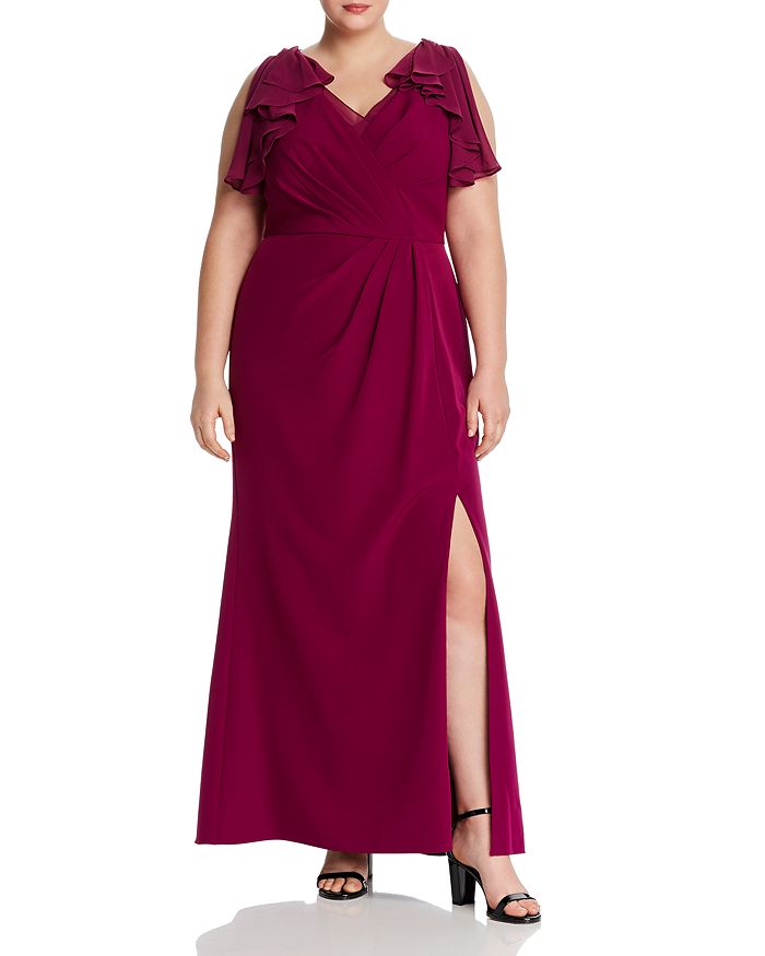 Adrianna Papell Plus Ruffled Chiffon & Crepe Gown In Wildberry